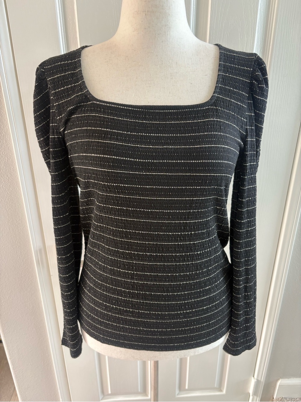 LOFT | Black Metallic Stripe Square Neck Puff Sleeve Top | Size L | NWT